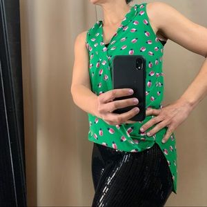 Green with Pink and Purple Pineapple sleeveless blouse with tail back